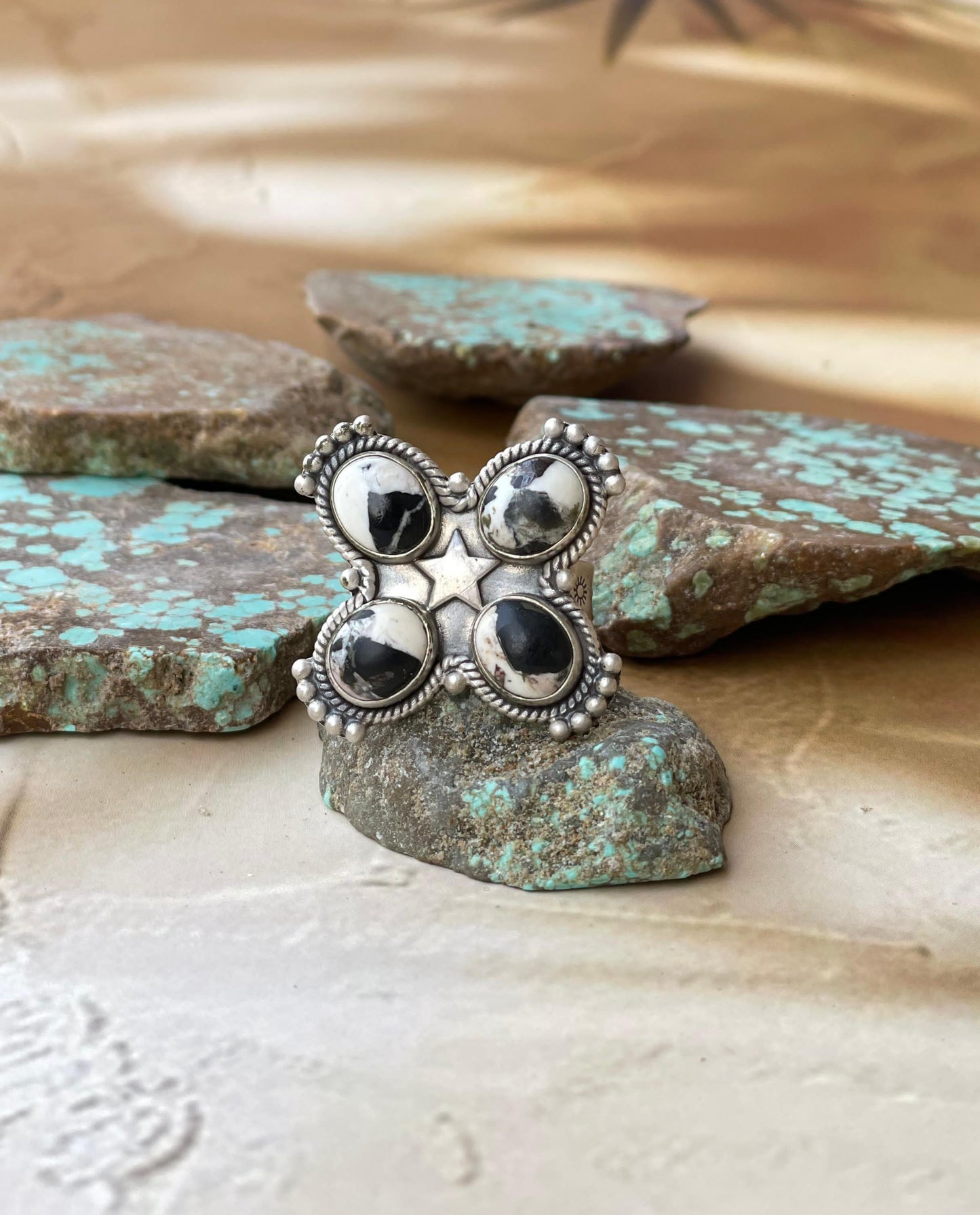 Handmade White Buffalo & Sterling Silver Adjustable STAR Ring