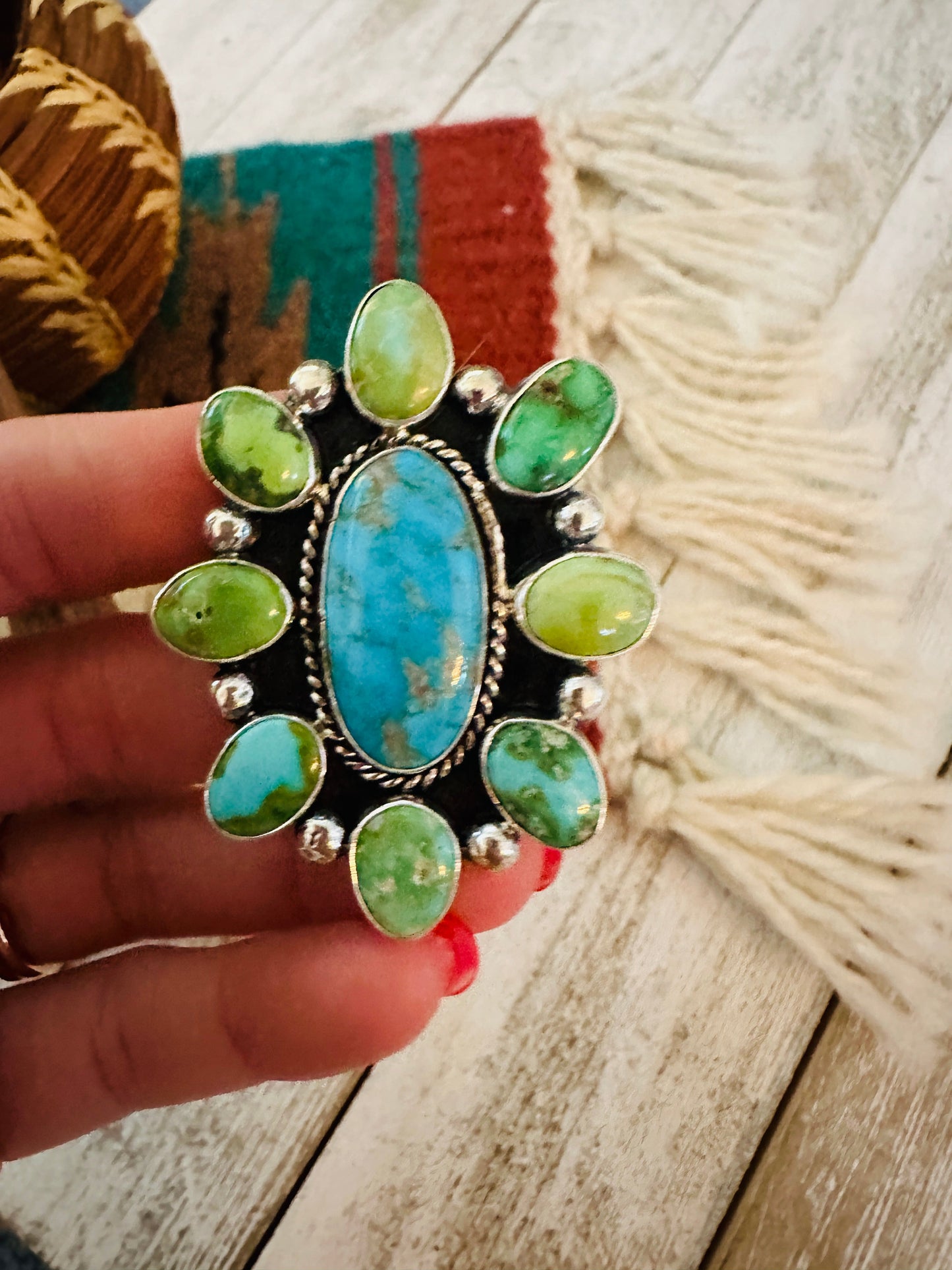 Handcrafted Sterling Silver & Multi Turquoise Cluster Adjustable Ring