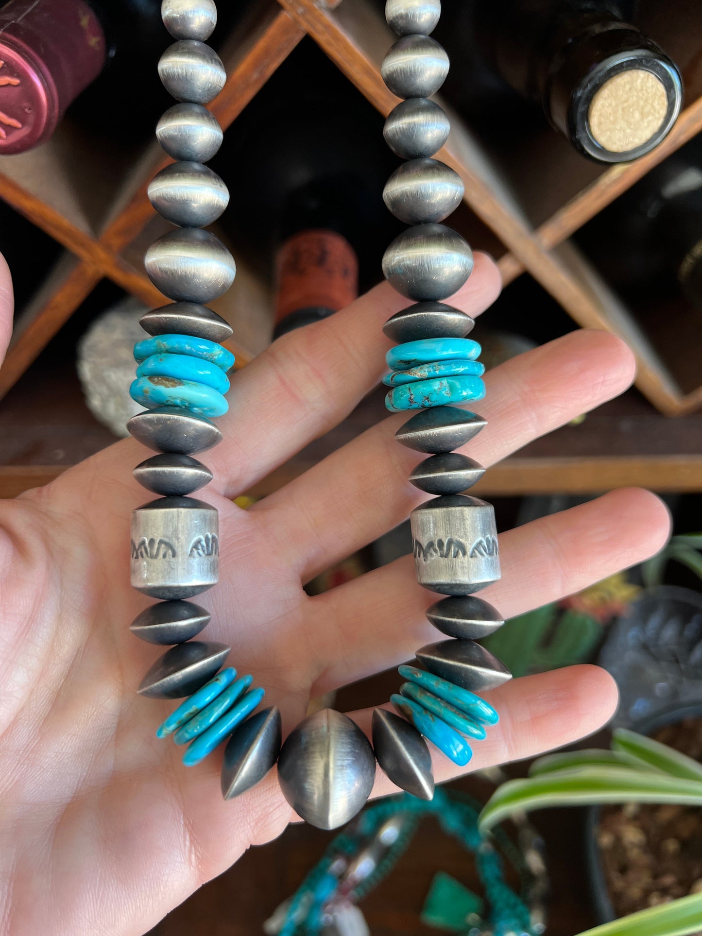 Handcrafted Sterling Silver and Kingman Turquoise Beaded Necklace by Rose Martin, 18 Inches