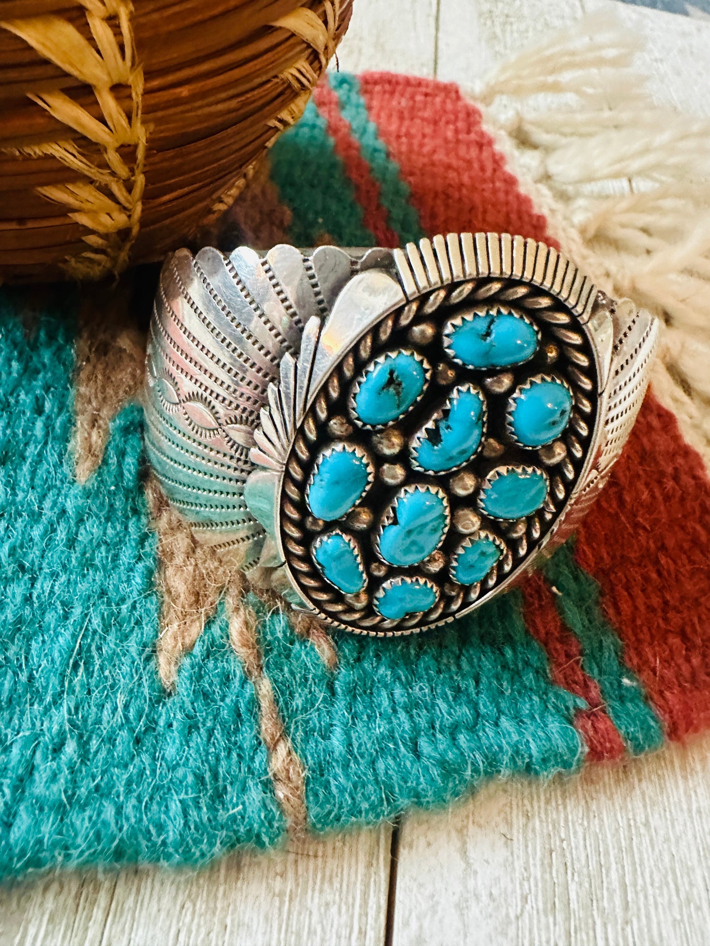 Old Pawn Sterling Silver & Turquoise Cluster Cuff Bracelet /