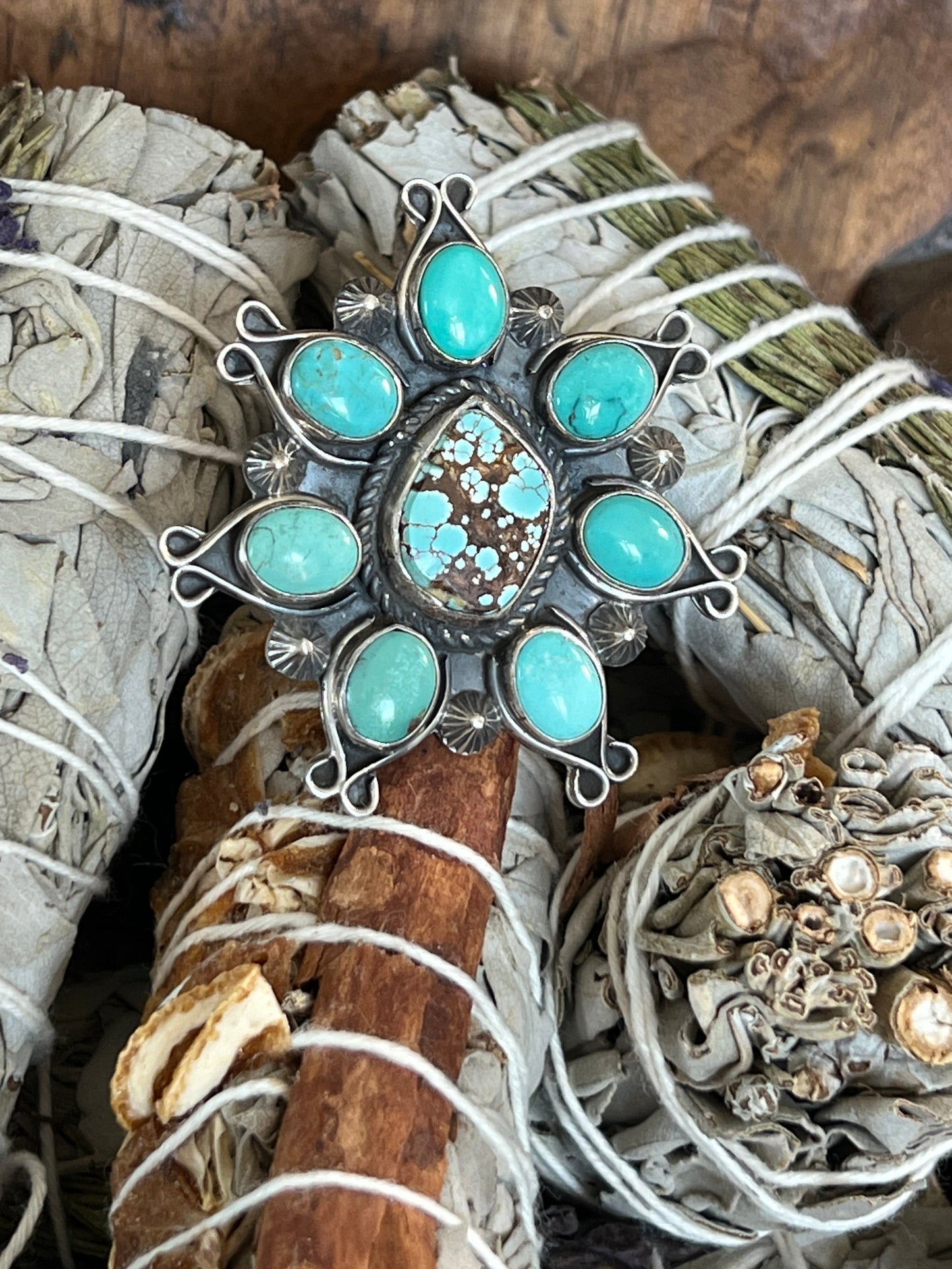Rosella Paxson Number 8 and Hubei Turquoise Cluster Ring