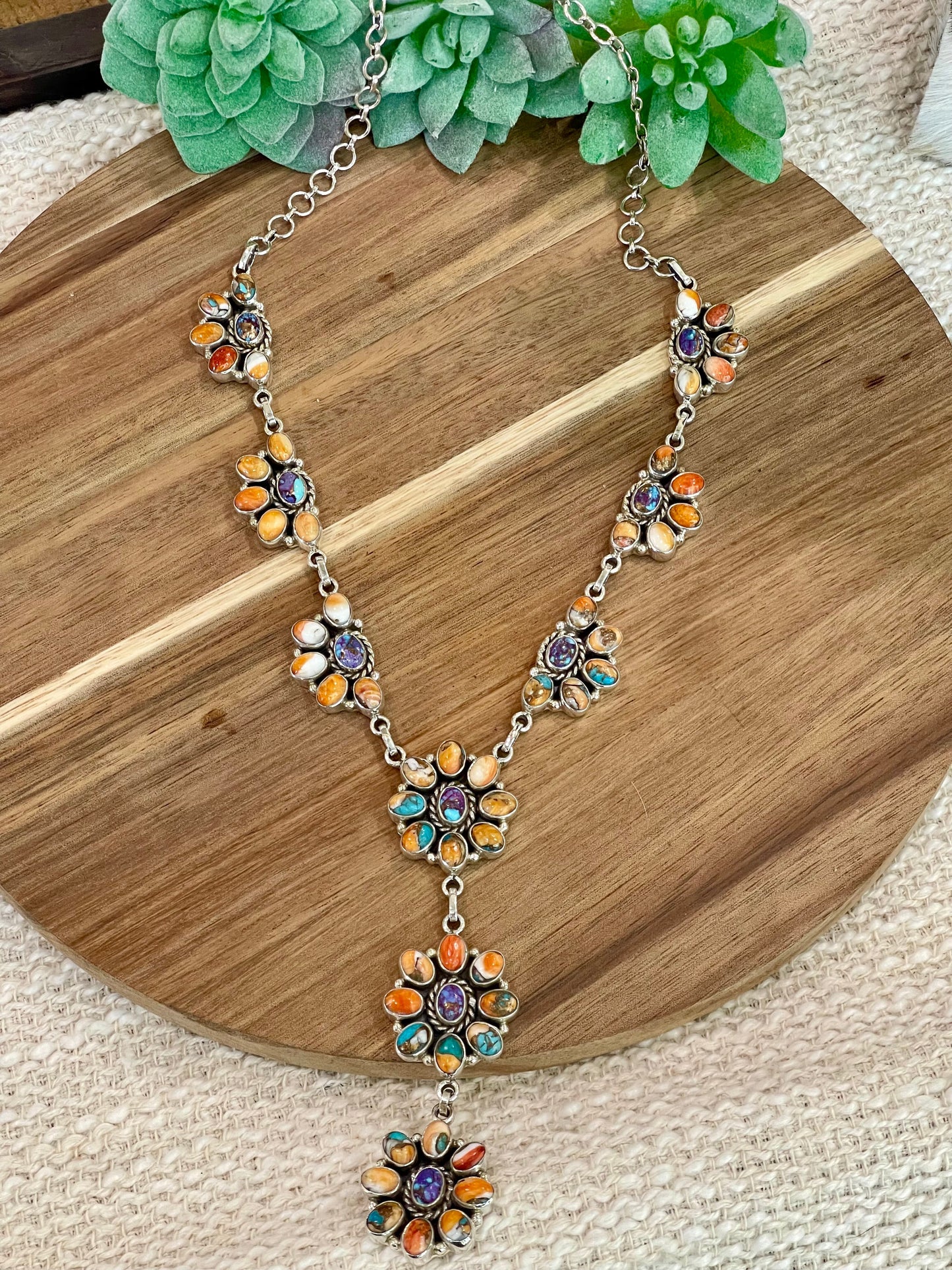 Handmade Sterling Silver , Spice & Purple Mojave Flower Lariat Necklace