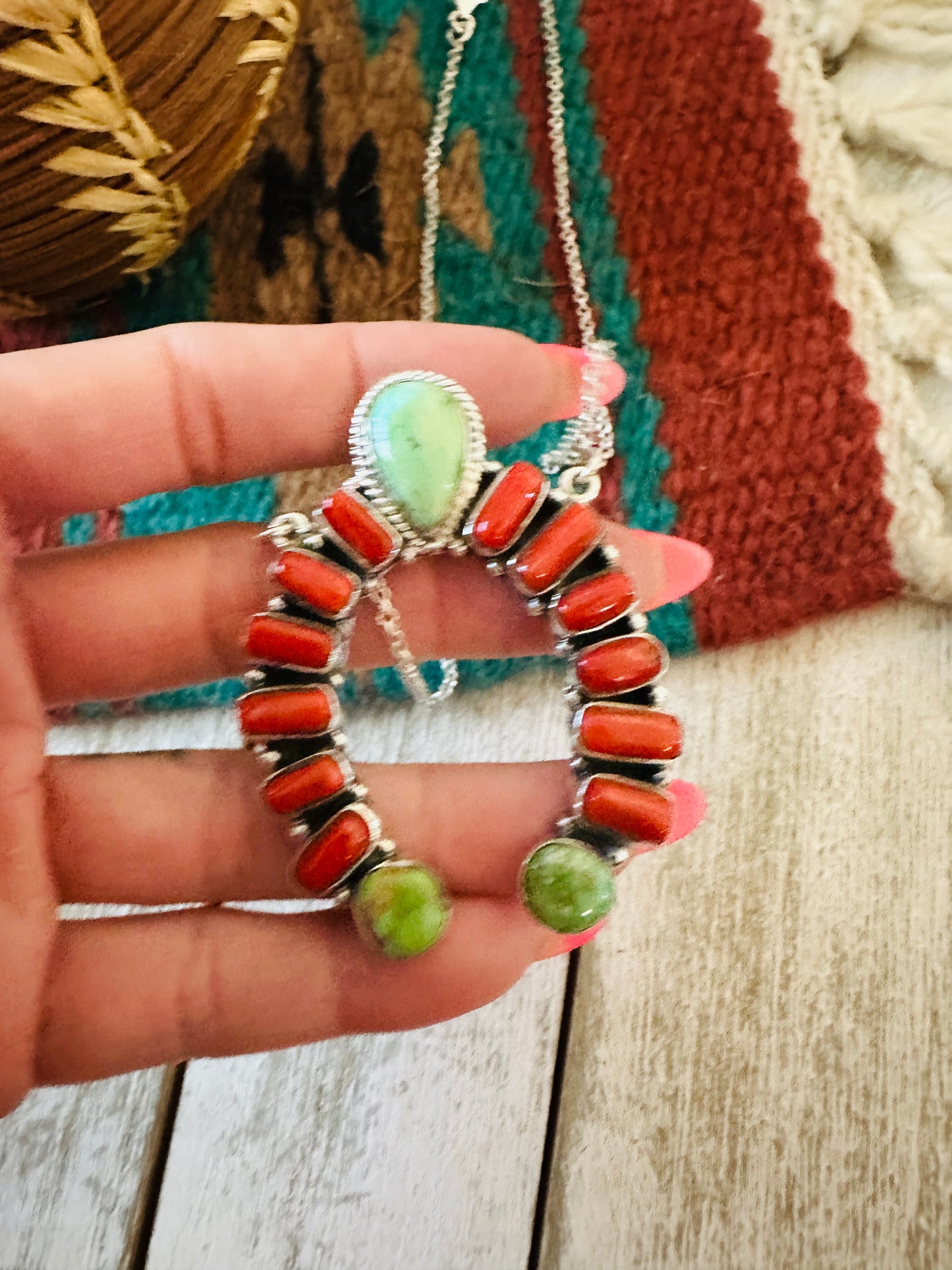 ** Christmas Collection ** Handmade Sterling Silver, Turquoise & Coral Naja Necklace Signed Nizhoni