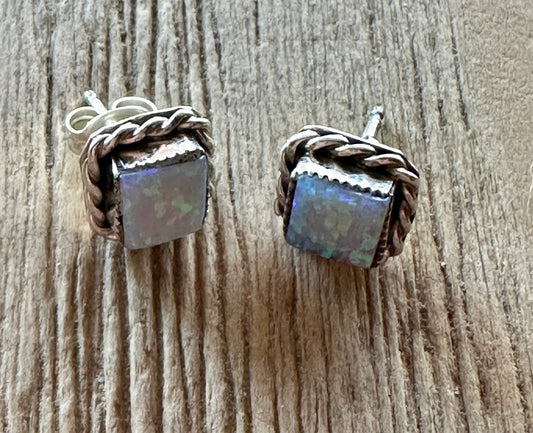Handcrafted White Opal Inlay & Sterling Silver Stud Earrings