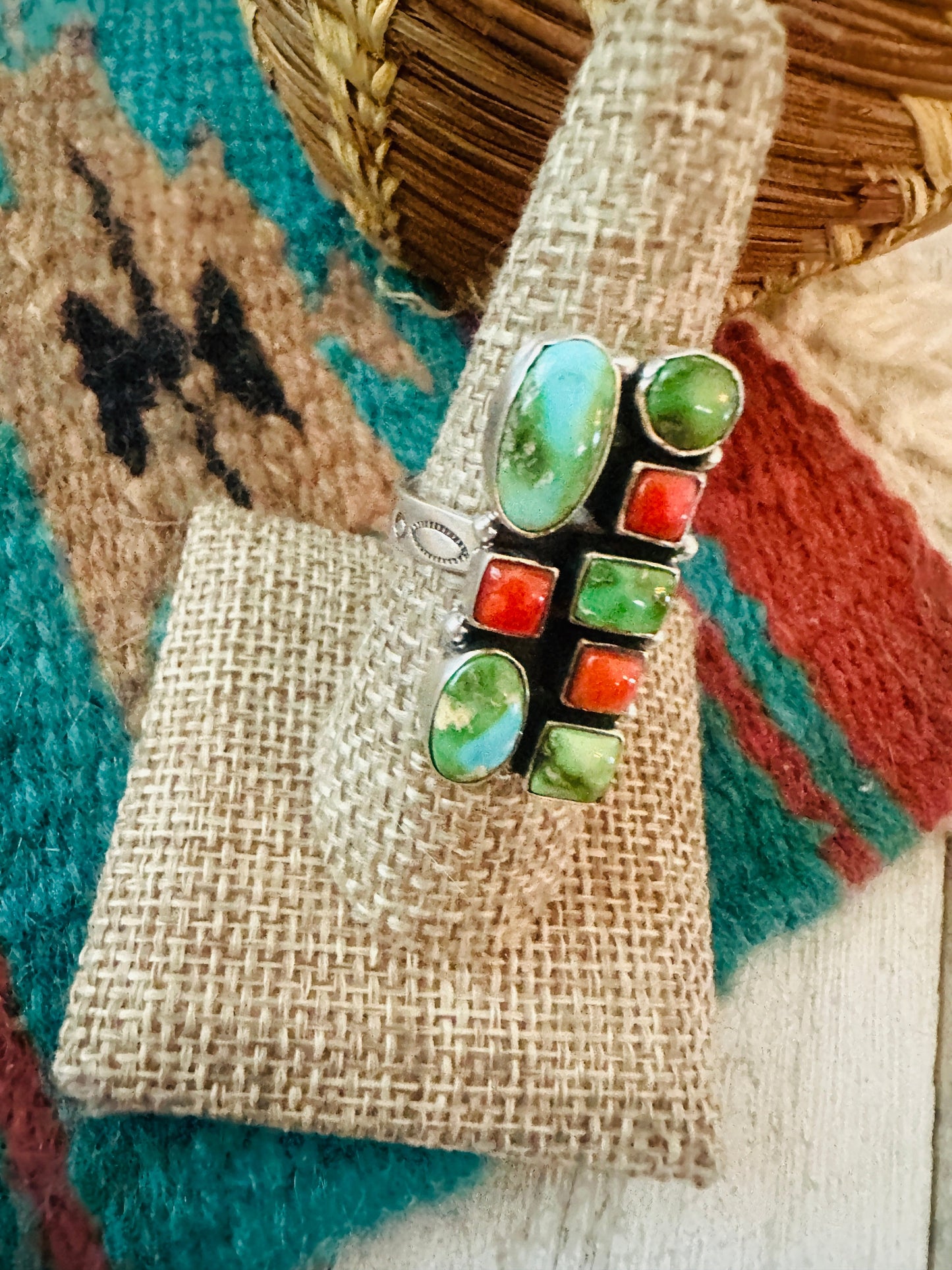 ** Christmas Collection ** Handmade Sterling Silver, Turquoise & Coral Adjustable Ring Signed Nizhoni