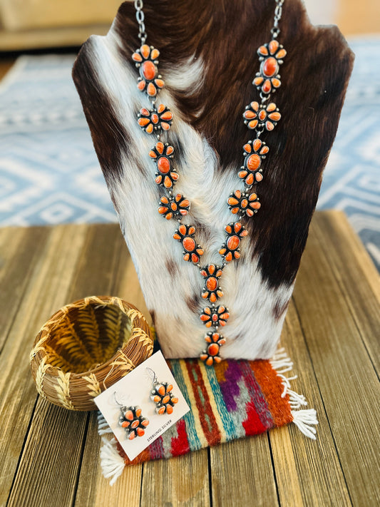 Handcrafted Orange Spiny Oyster & Sterling Silver Necklace and Earring Set by Sheila Becenti