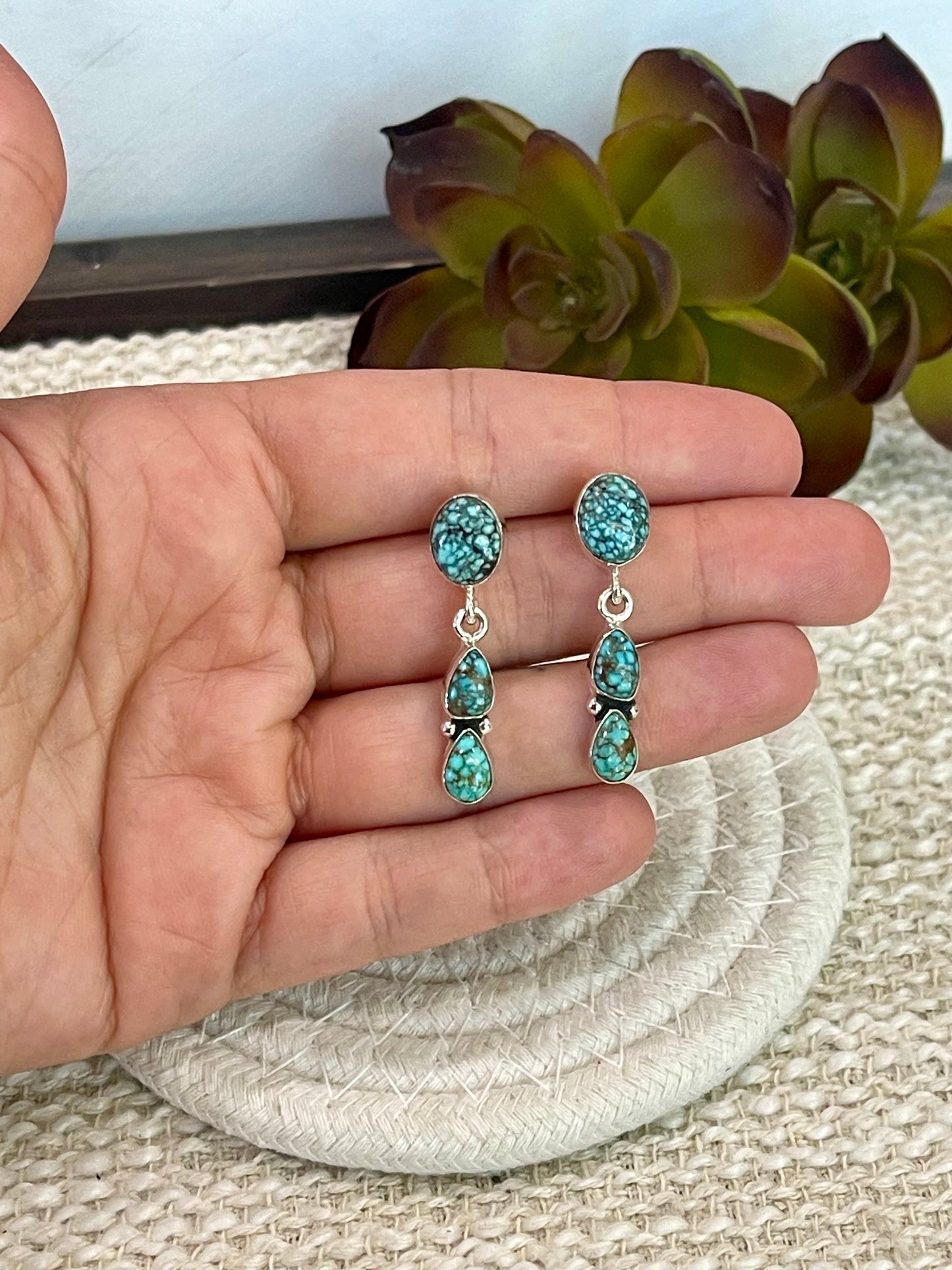 Handmade Sterling Silver Number 8 Turquoise Post Dangle Earrings Signed Nizhoni