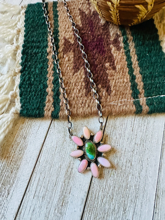 Handcrafted Sterling Silver, Queen Pink Conch Shell & Turquoise Necklace