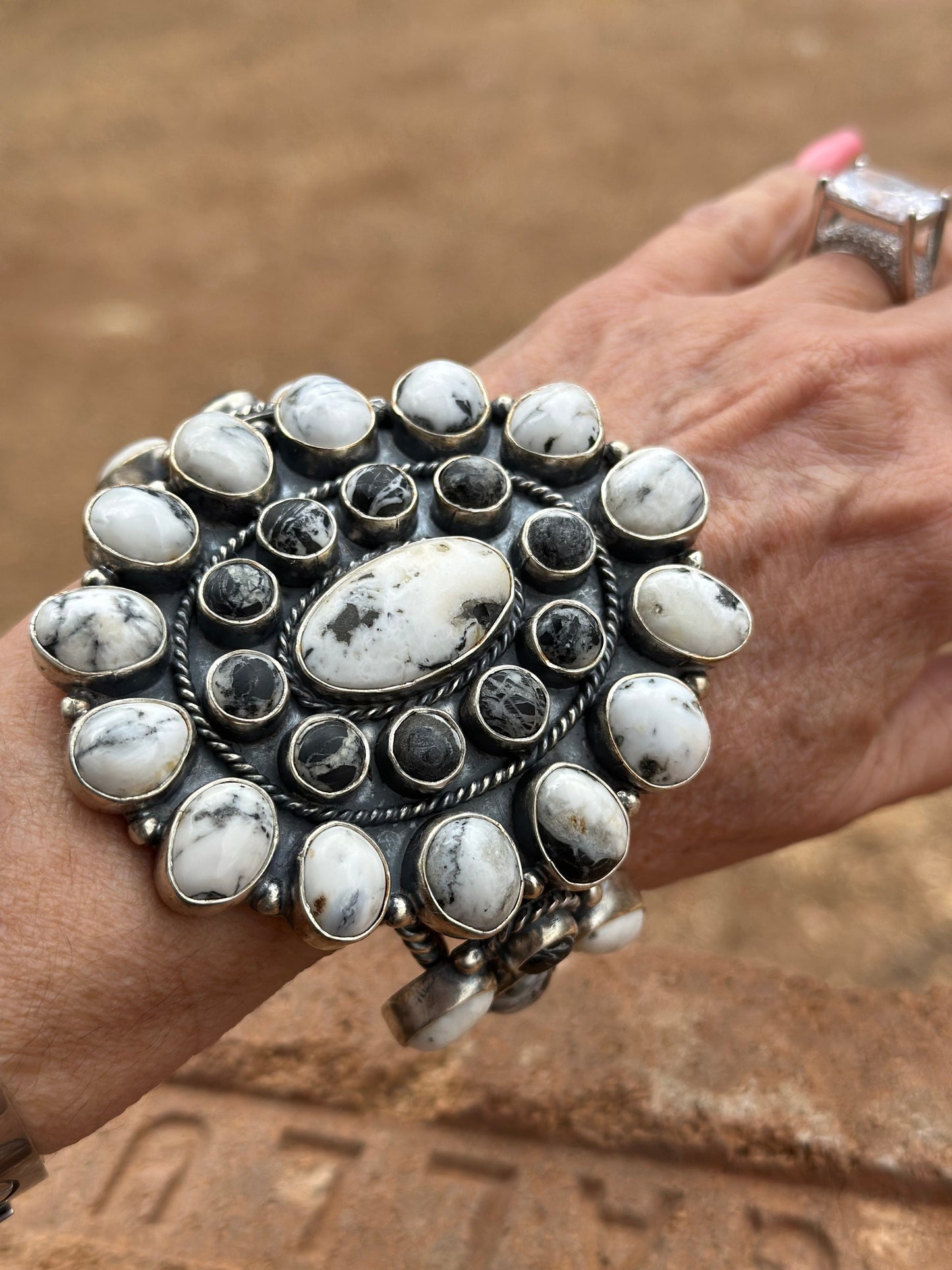 Handcrafted White Buffalo & Sterling Silver Cluster Cuff Bracelet