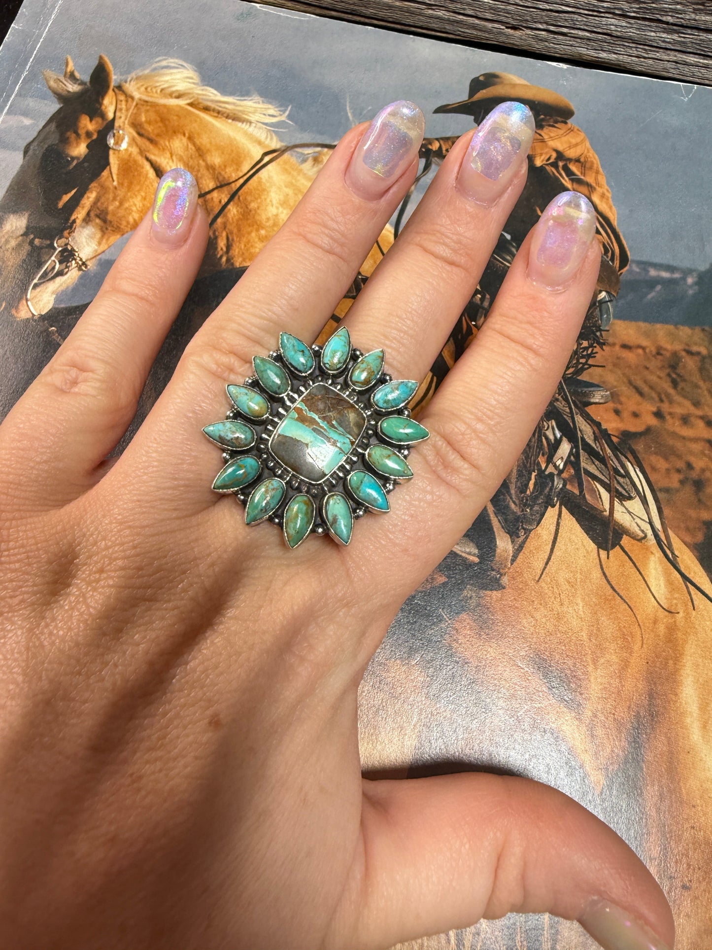 Handmade Sterling Silver, Kingman Turquoise, Ribbon Turquoise Adjustable Ring