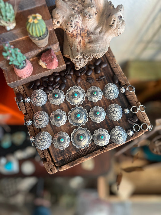 Raymond Coriz Sterling Concho Link Bracelets with Sonoran Mountain Turquoise