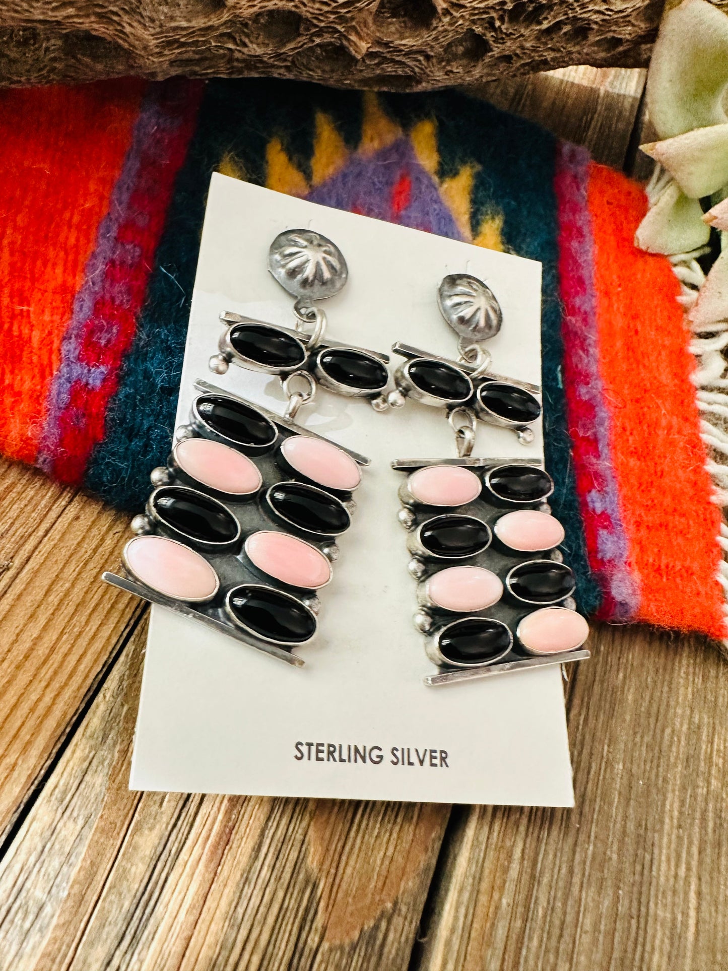 Handcrafted Queen Pink Conch, Onyx & Sterling Silver Dangle Earrings