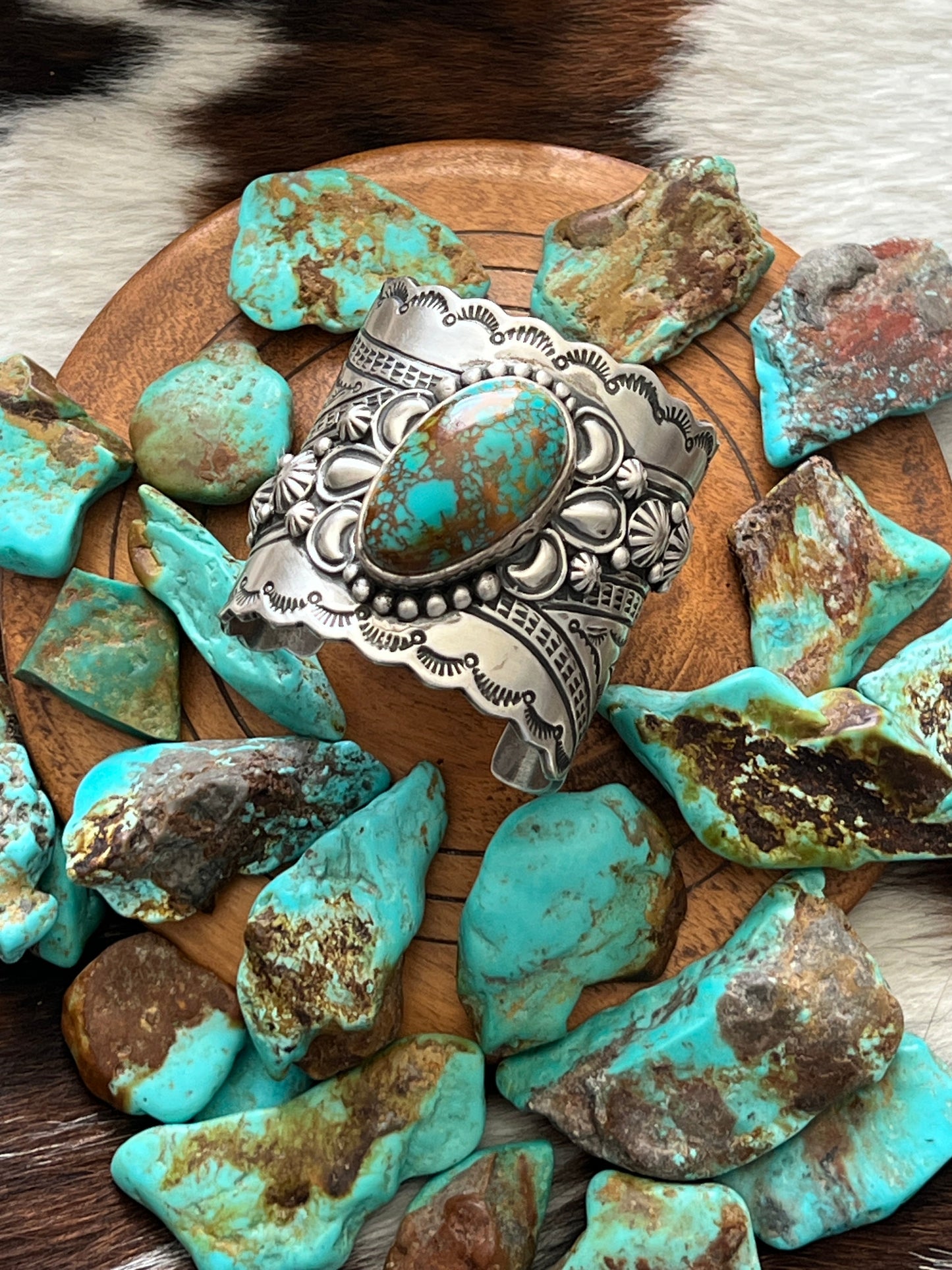 Lorenzo James Hefty Sterling Silver and Kingman Turquoise Hand Stamped Cuff Bracelet