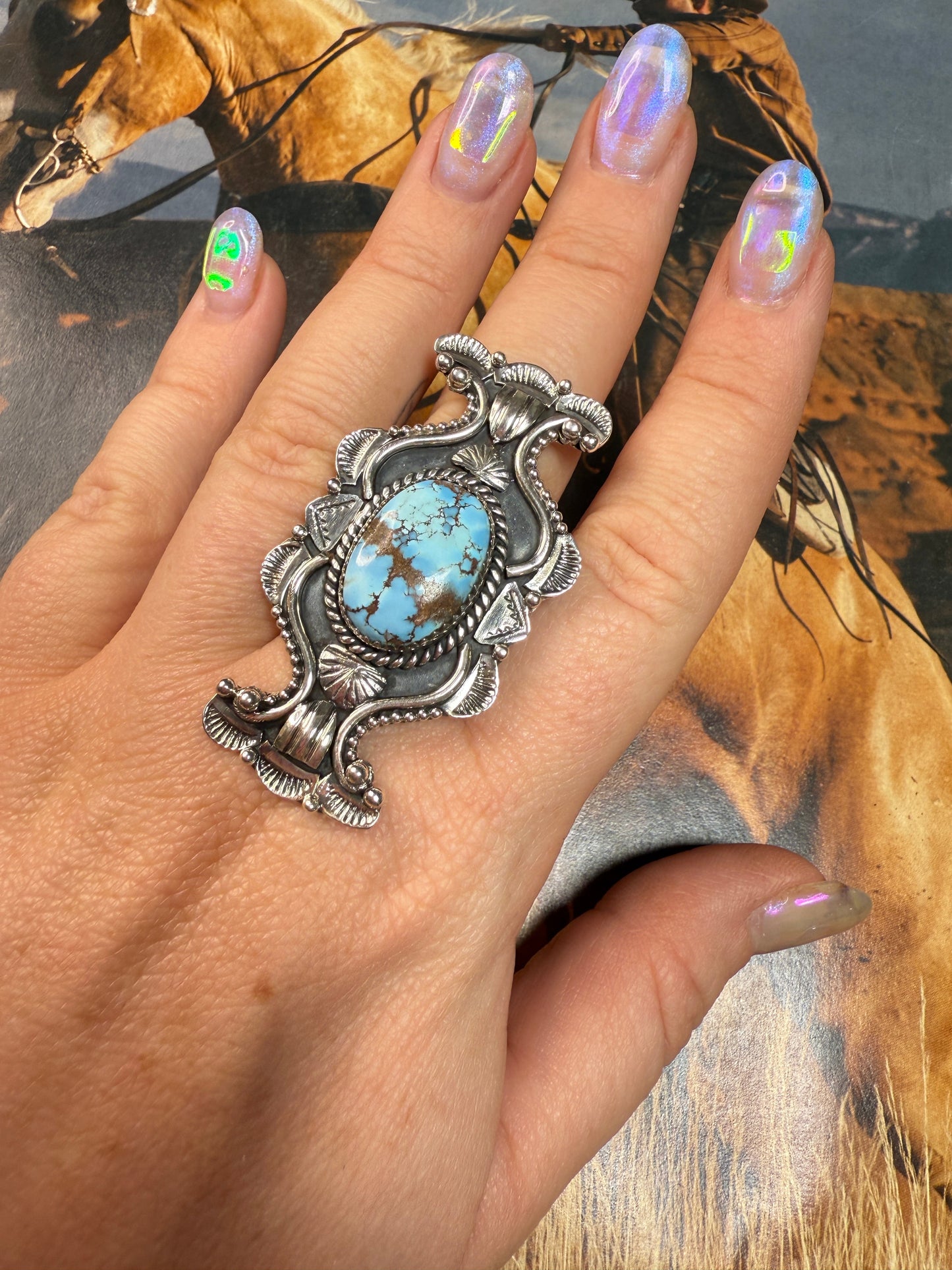 Handmade Sterling Silver Golden Hills Turquoise Adjustable Ring Signed Nizhoni