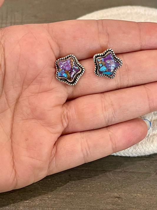Sizzling Handmade Star Sterling Silver & Purple Mojave Post Earrings