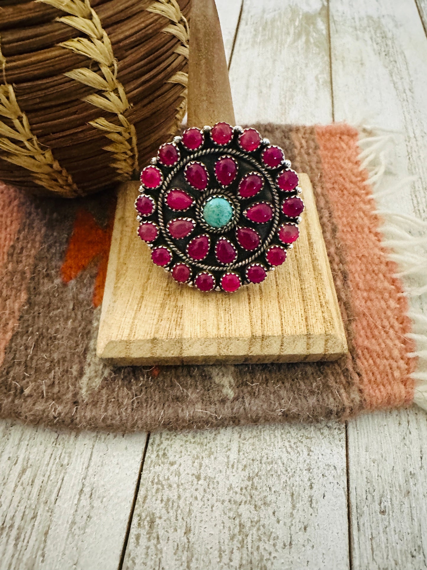 Handmade Sterling Silver, Pink Onyx & Turquoise Cluster Adjustable Ring by Nizhoni