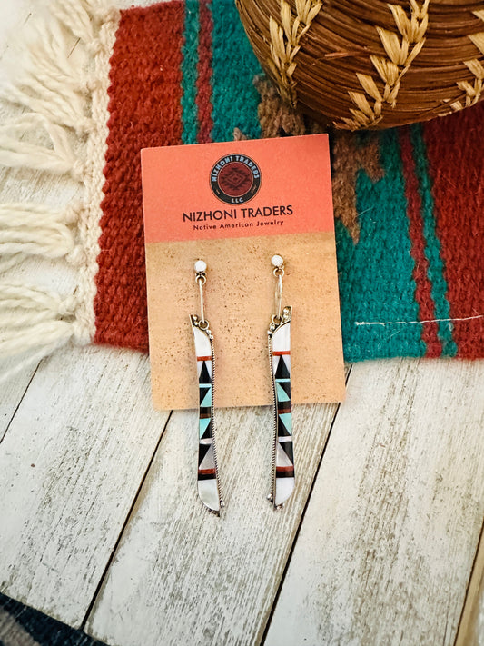 Zuni Multi Stone & Sterling Silver Inlay Dangle Earrings