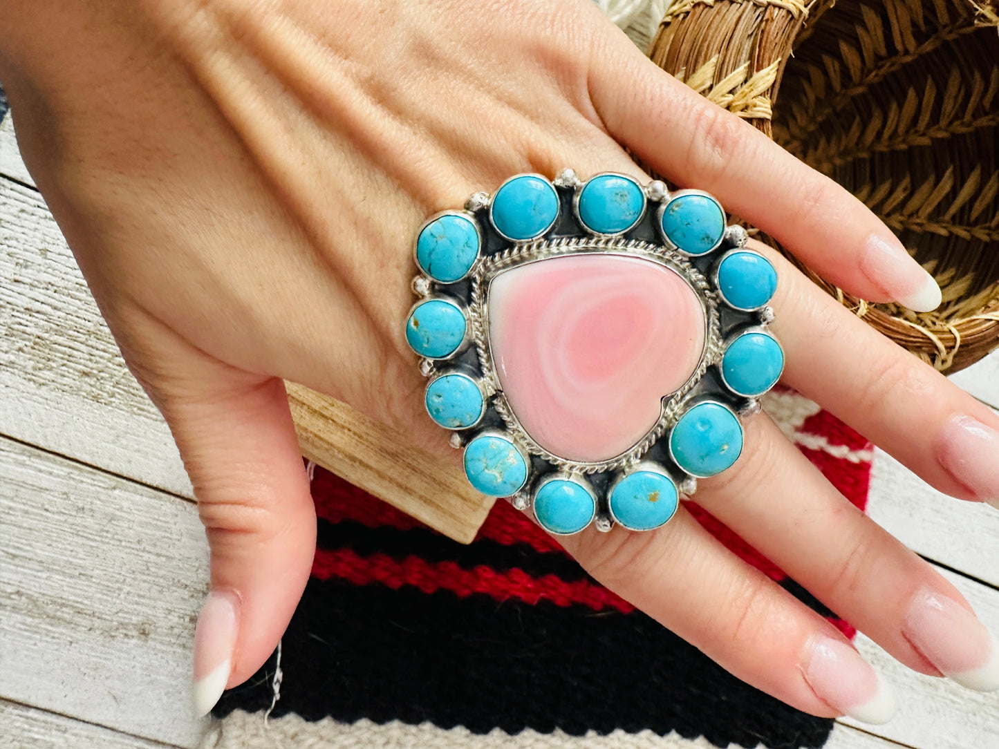 Handcrafted Sterling Silver, Queen Pink Conch & Turquoise Heart Adjustable Ring