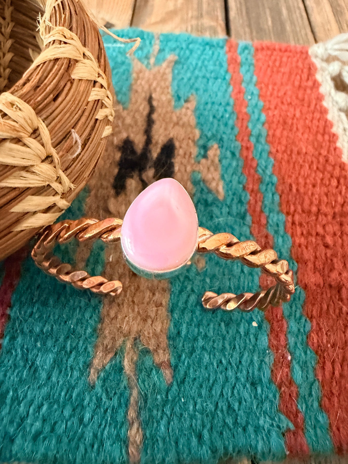Handcrafted Queen Pink Conch & Copper Twisted Cuff Bracelet by Julia Etsitty