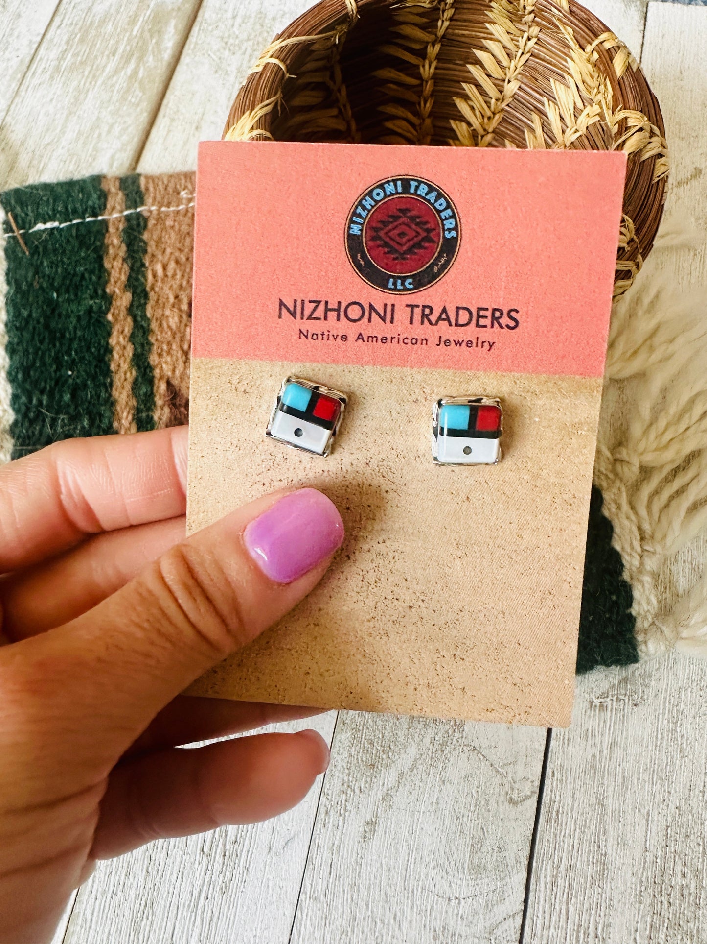 Handcrafted Sun Face Multi Stone & Sterling Silver Inlay Stud Earrings