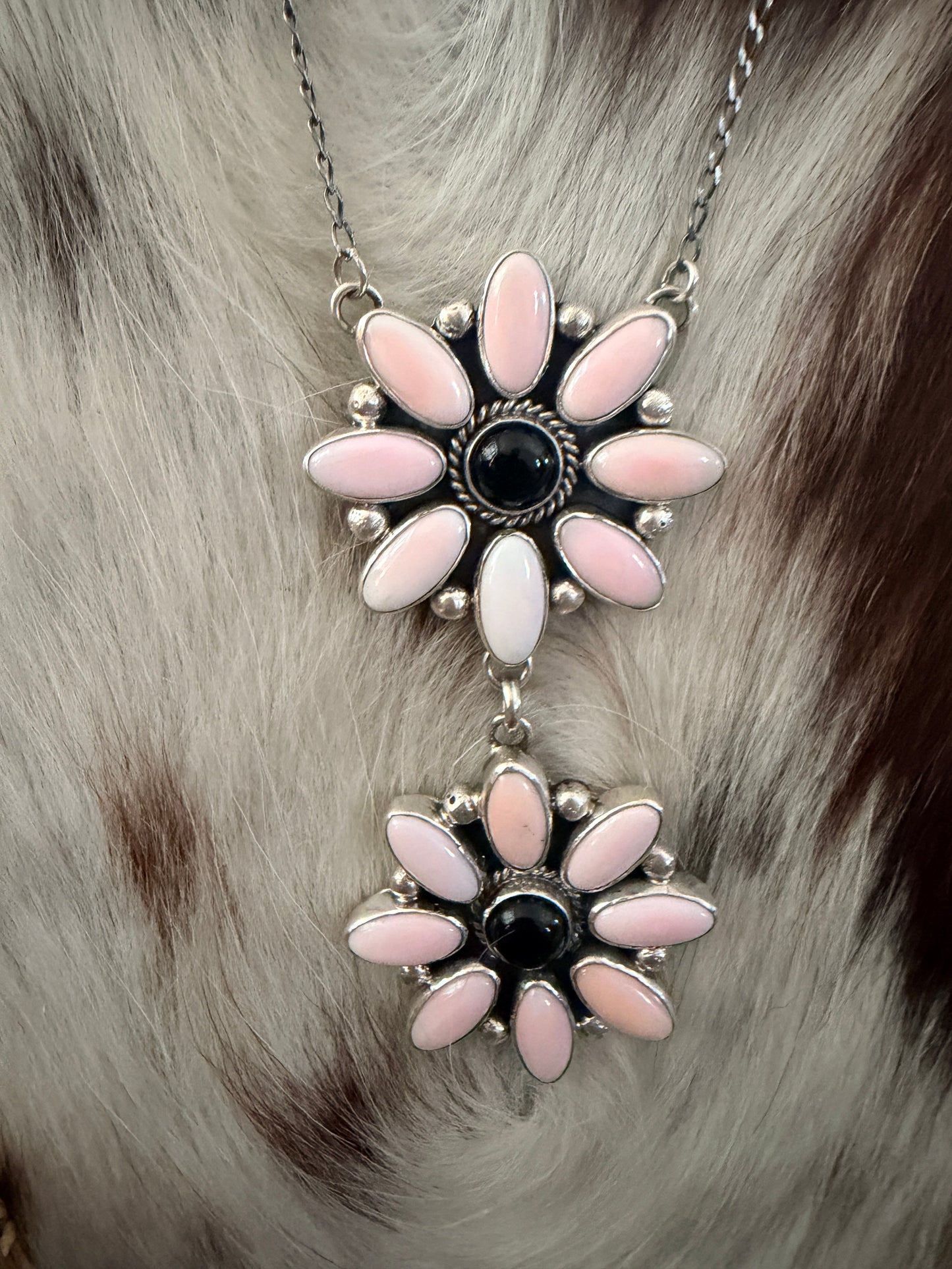 Handcrafted Queen Pink Conch, Onyx & Sterling Silver Necklace