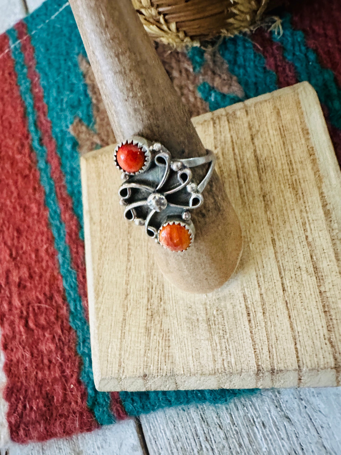 Handcrafted Sterling Silver & Red Spiny Two Stone Ring Size 7