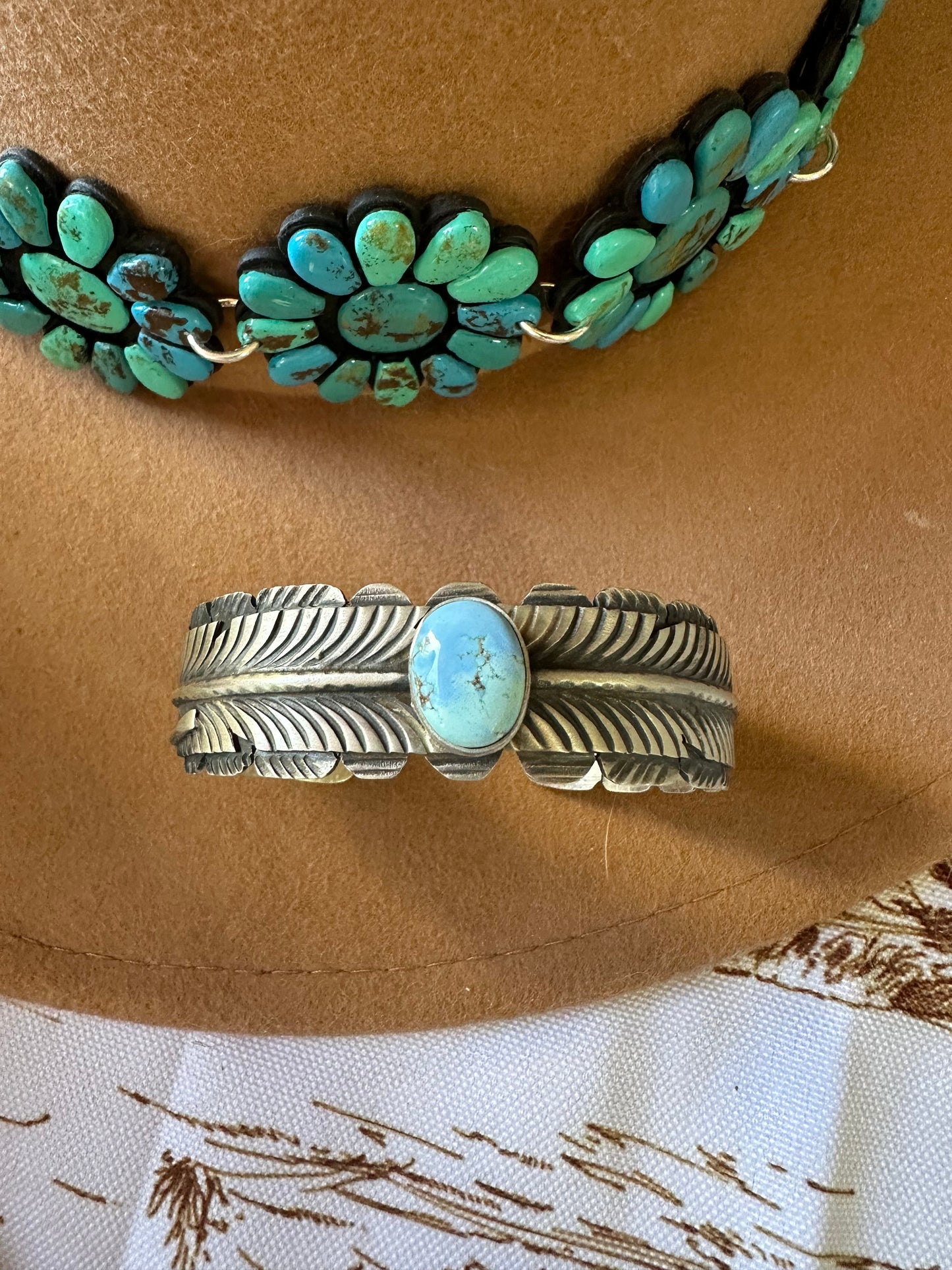 Navajo Golden Hills Turquoise & Sterling Silver Feather Cuff Bracelet