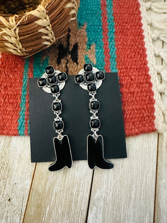 Handcrafted Onyx & Sterling Silver Cowboy Boot Dangle Earrings by Federico Jimenez