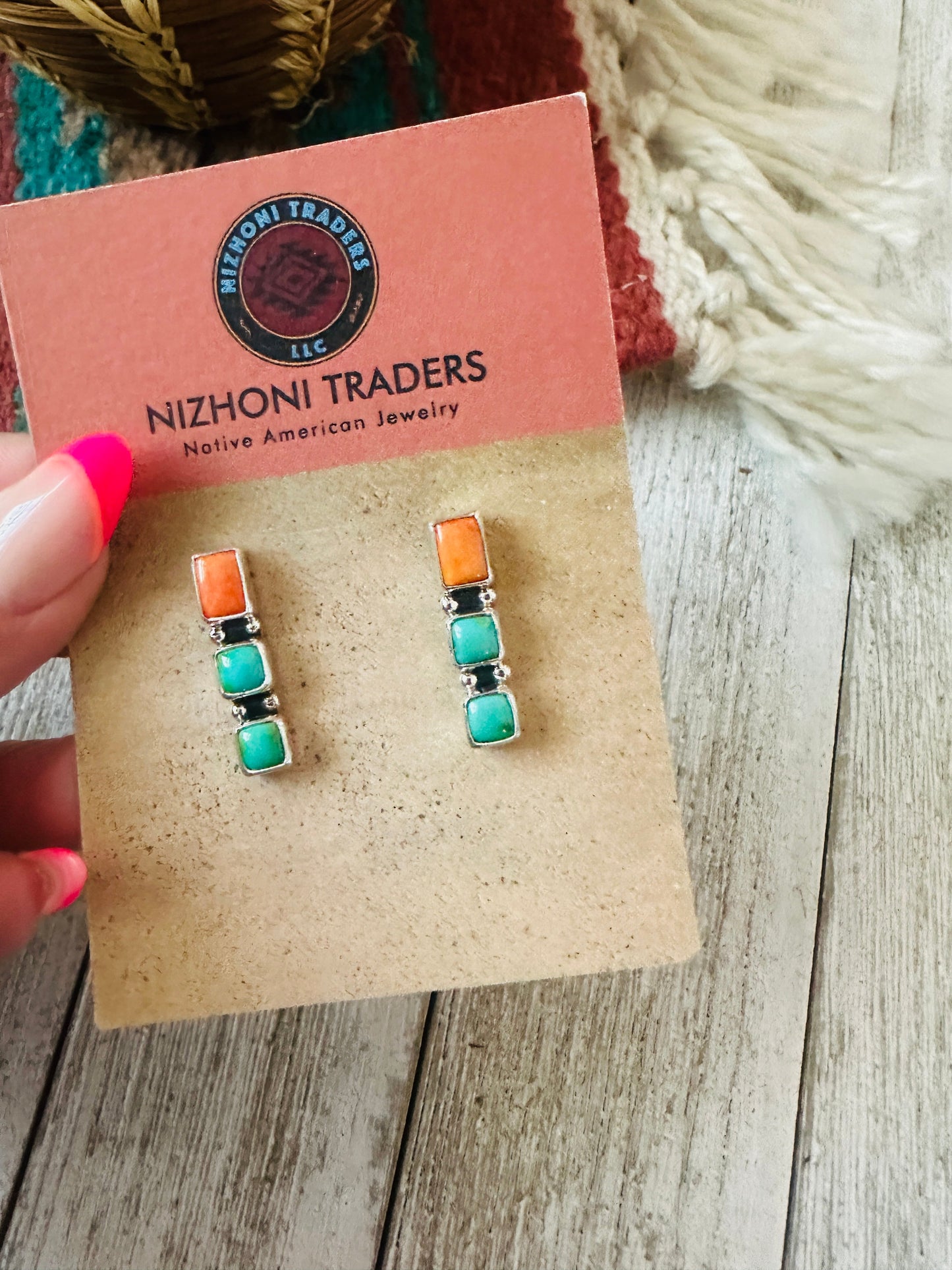 Handcrafted Sterling Silver, Spiny Oyster & Turquoise Post Earrings