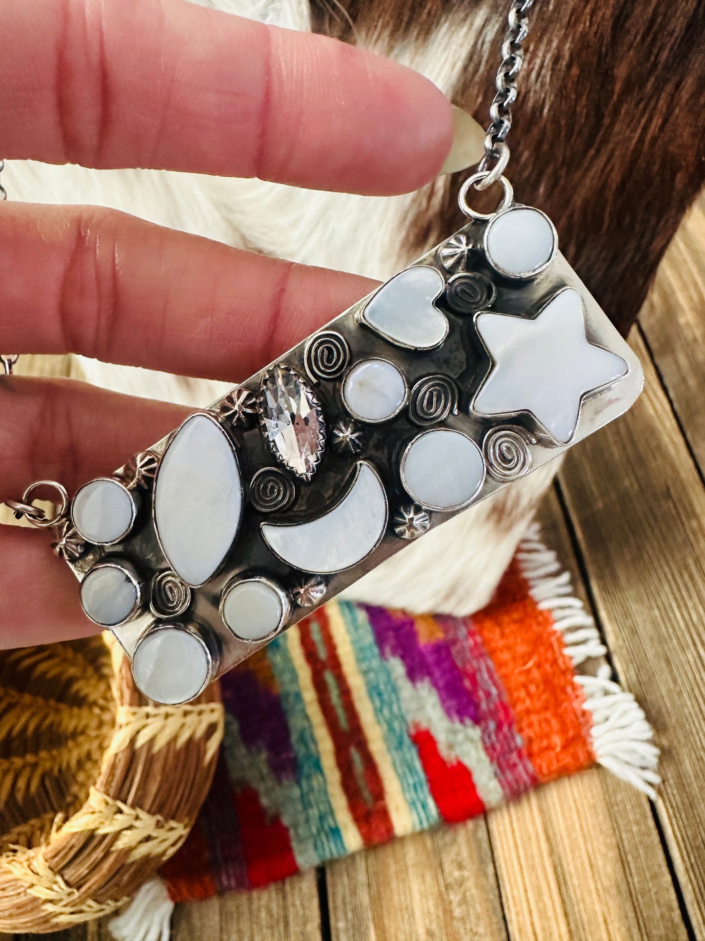 Handcrafted Mother of Pearl, CZ & Sterling Silver Bar Necklace by Jacqueline Silver