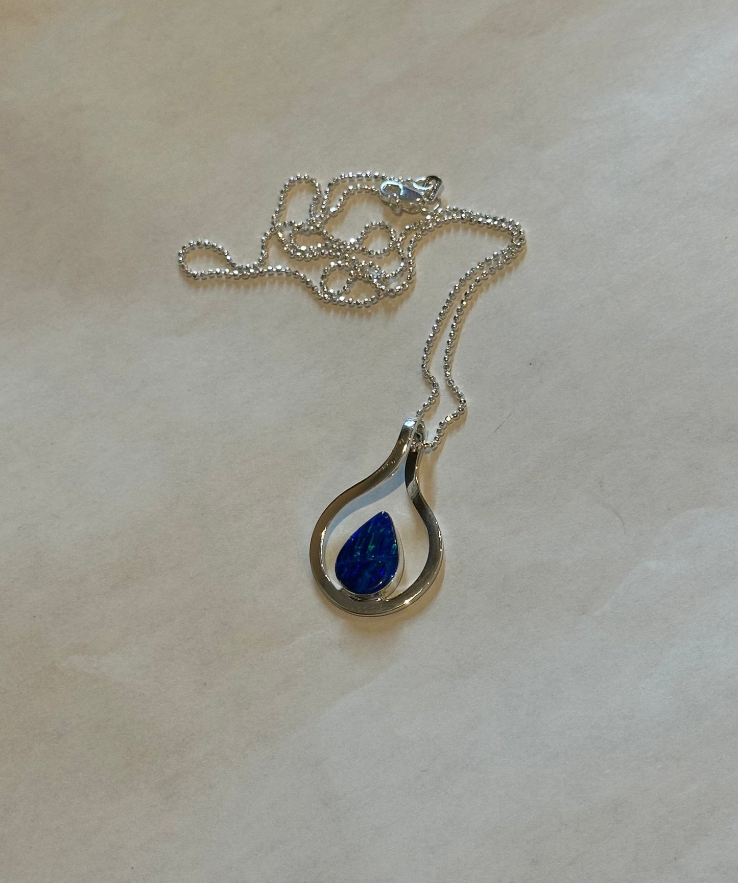 Dark Blue Opal Teardrop in Sterling Silver Frame Necklace