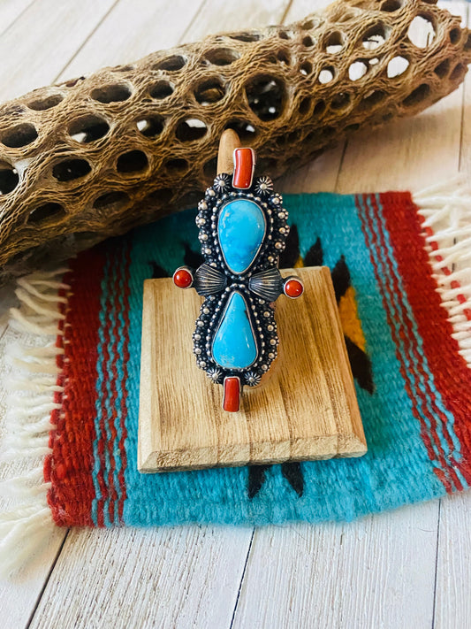 Handcrafted Sterling Kingman Turquoise & Red Coral Ring Size 9 By Shawn Cayatineto