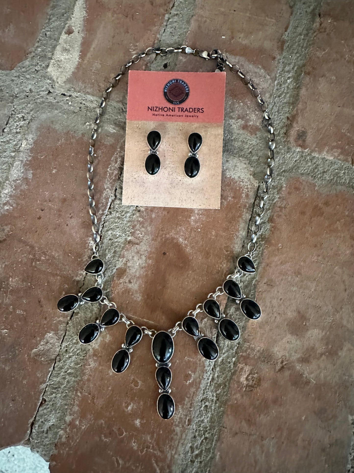 Handcrafted Sterling Silver & Black Onyx Necklace and Earring Set by Lucian Koinva