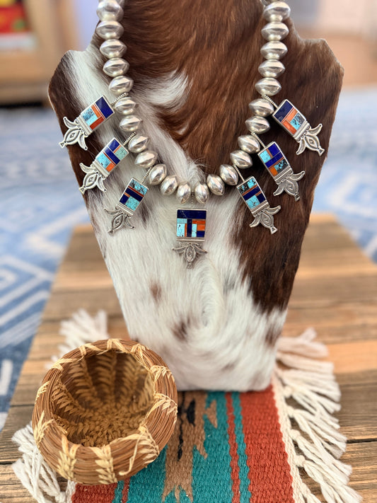 Handcrafted Sterling Silver & Multi Stone Inlay Beaded Necklace by Ray Tracey