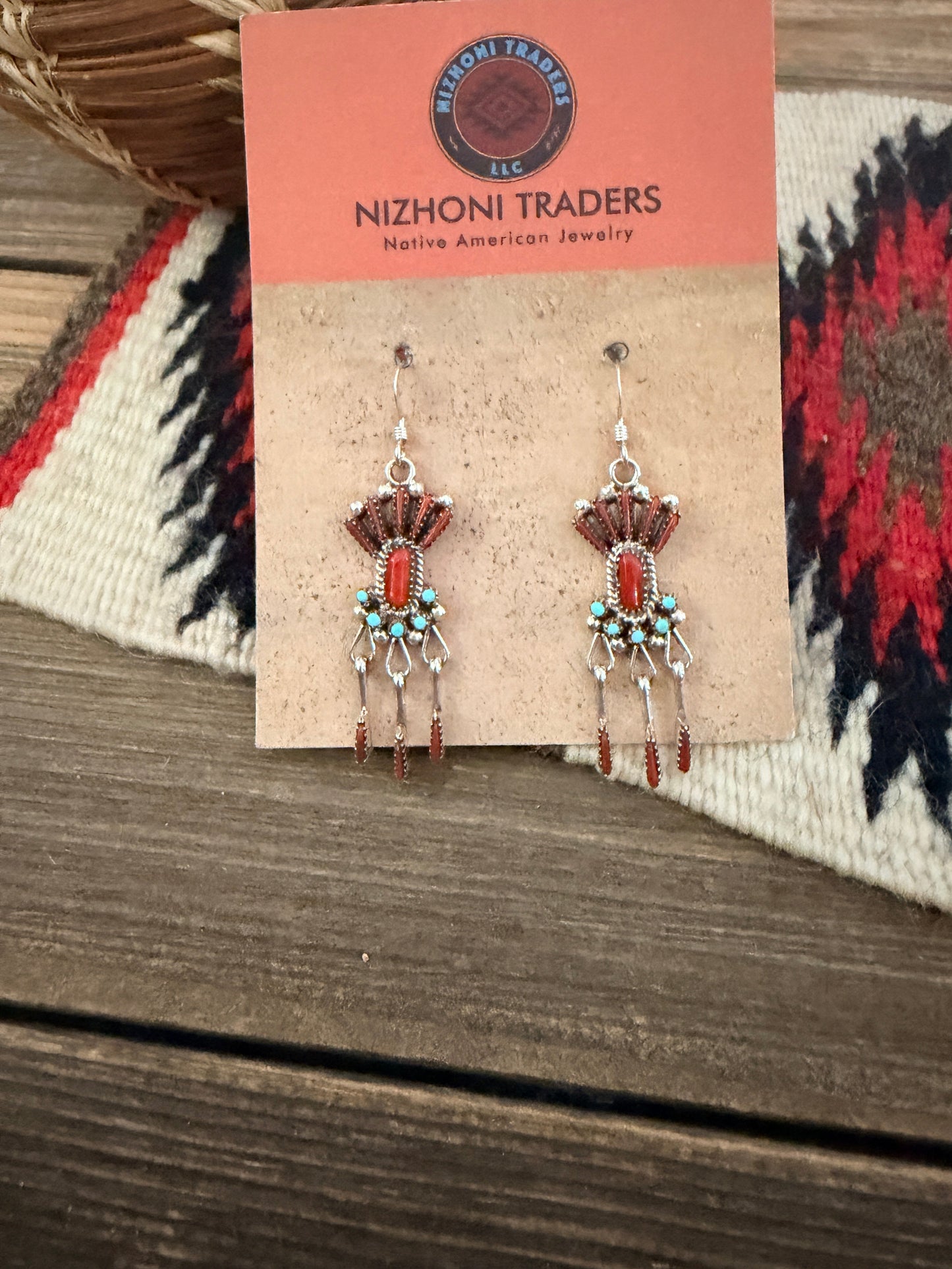 Handcrafted Coral, Turquoise & Sterling Silver Needlepoint Dangle Earrings