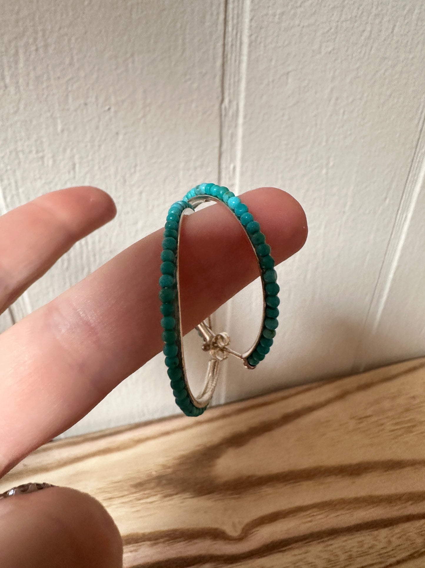Handmade Turquoise and Sterling Silver Beaded Hoop Earrings