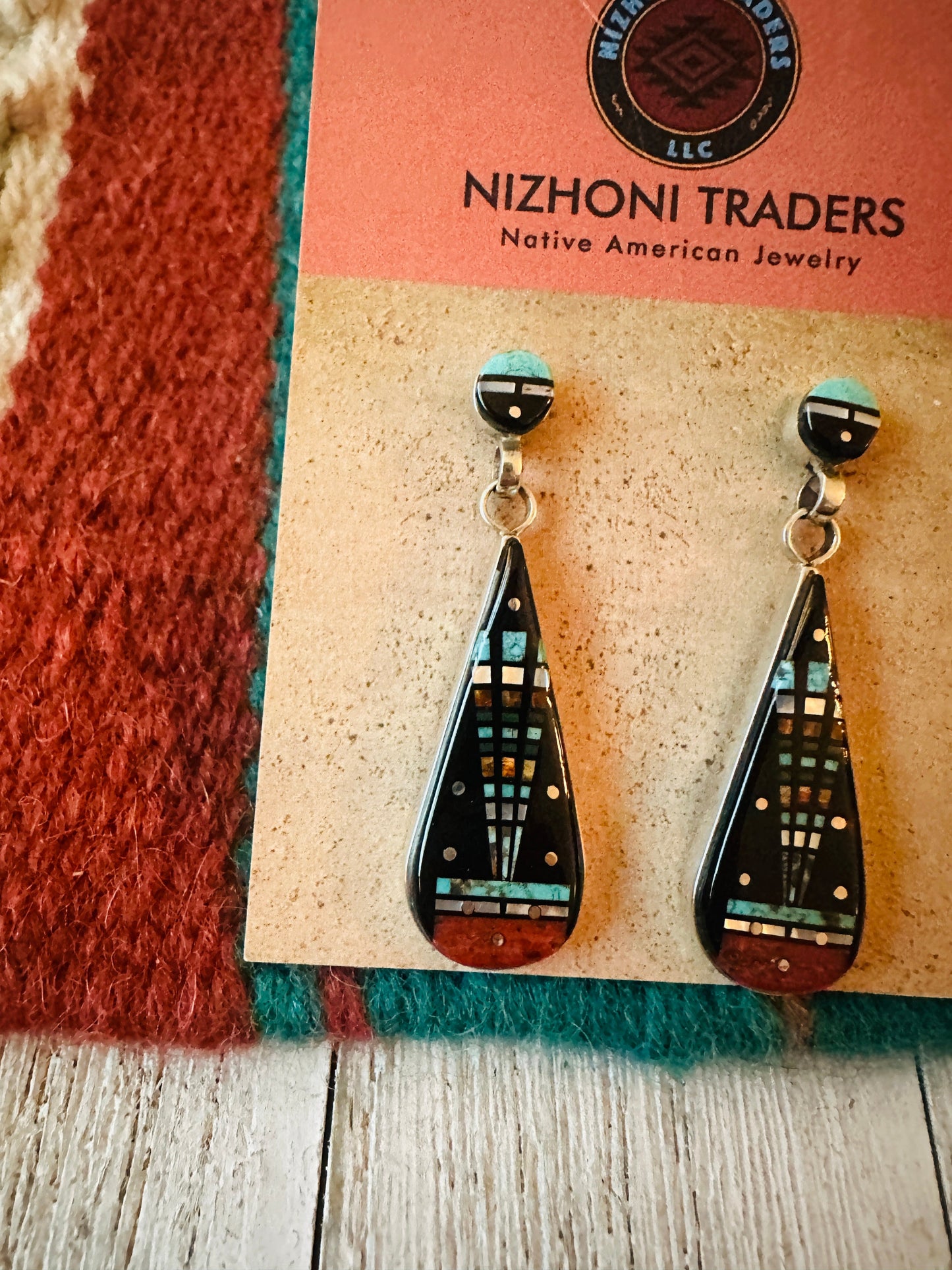 Handcrafted Sterling Silver & Multi Stone Inlay Dangle Earrings