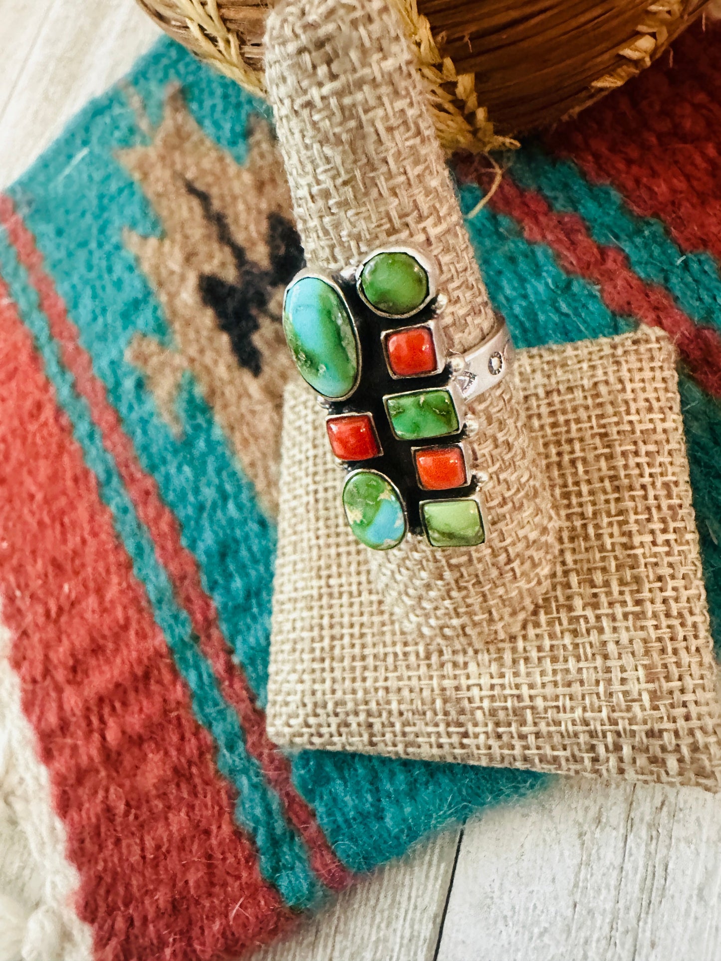 ** Christmas Collection ** Handmade Sterling Silver, Turquoise & Coral Adjustable Ring Signed Nizhoni