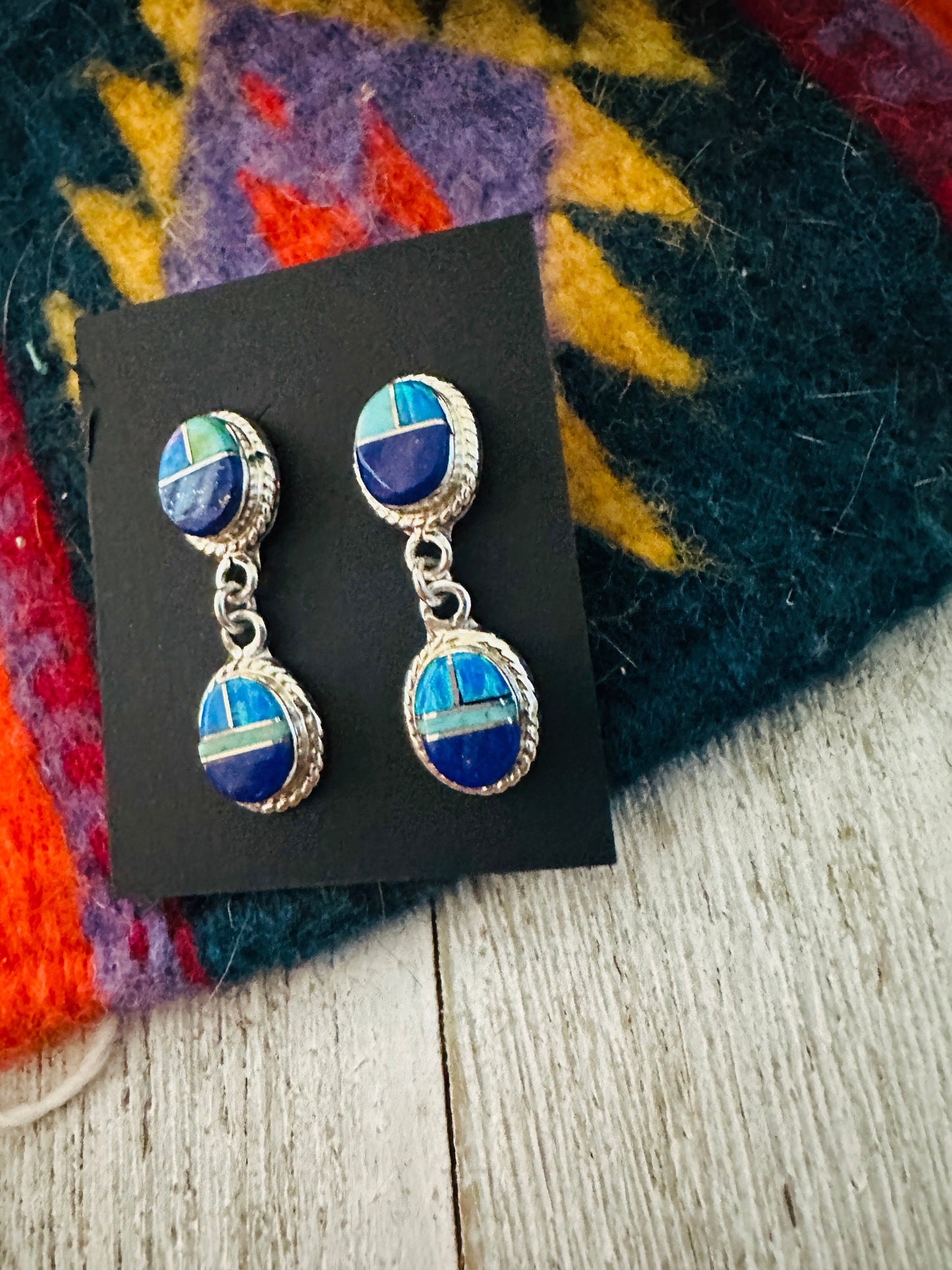 Handcrafted Sterling Silver & Multi Stone Inlay Dangle Earrings