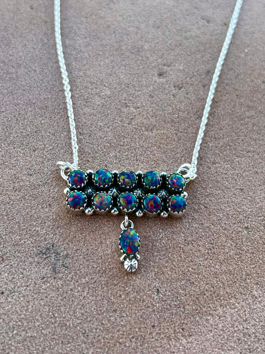 Handmade Sterling Silver & Fire Blue Opal Tear Drop Dangle, Bar Necklace