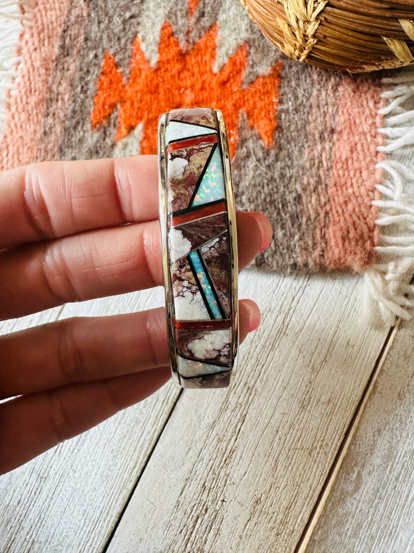 Handcrafted Multi Stone & Sterling Silver Inlay Cuff Bracelet