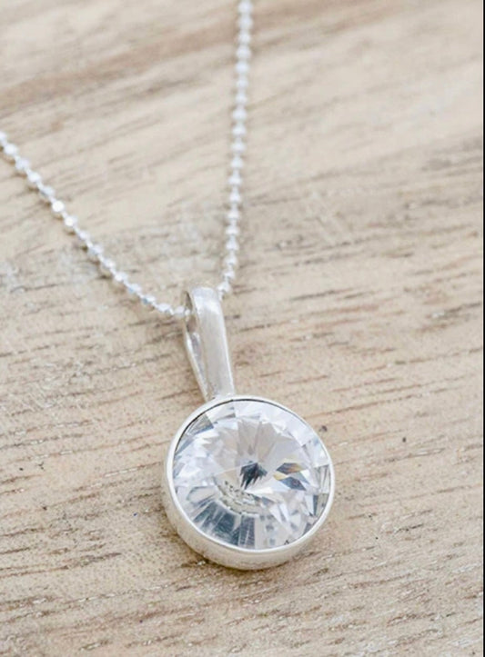 Clear Round Crystal Pendant Sterling Silver Necklace