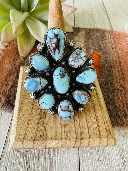 Handcrafted Golden Hills Turquoise & Sterling Silver Cluster Ring Size 8.5