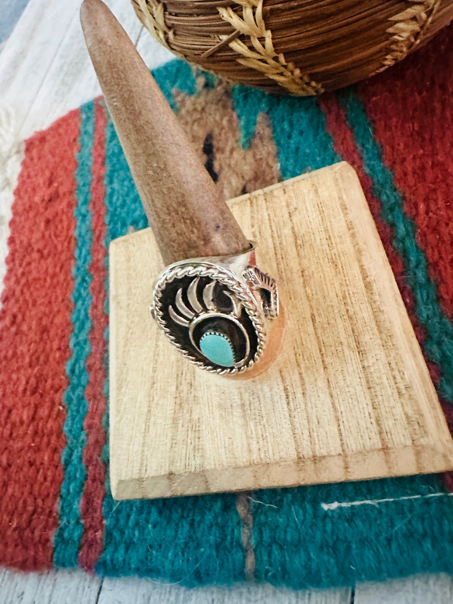 Handcrafted Turquoise & Sterling Silver Bear Paw Cigar Band Ring Size 11