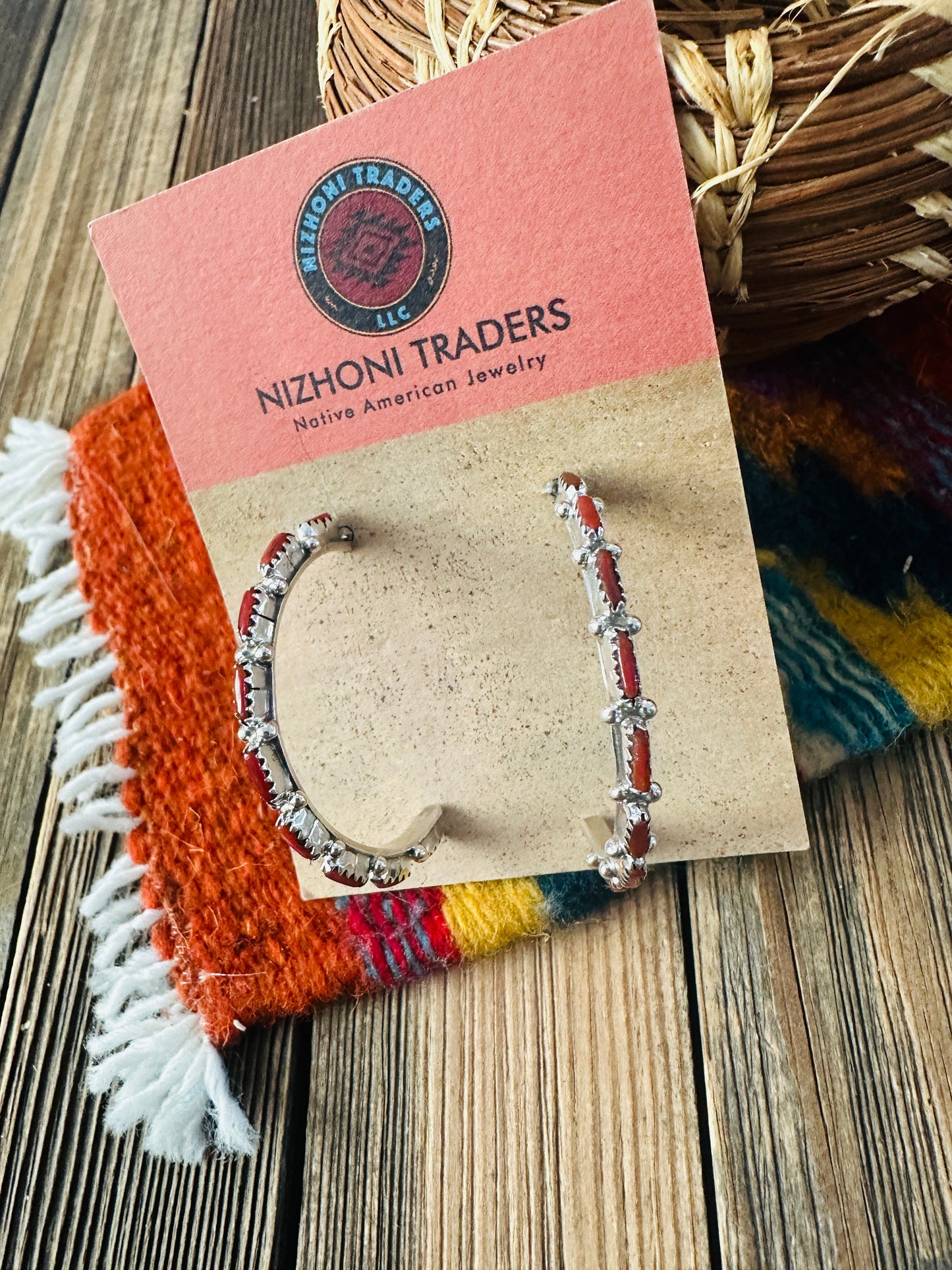 Handcrafted Coral & Sterling Silver Hoop Earrings