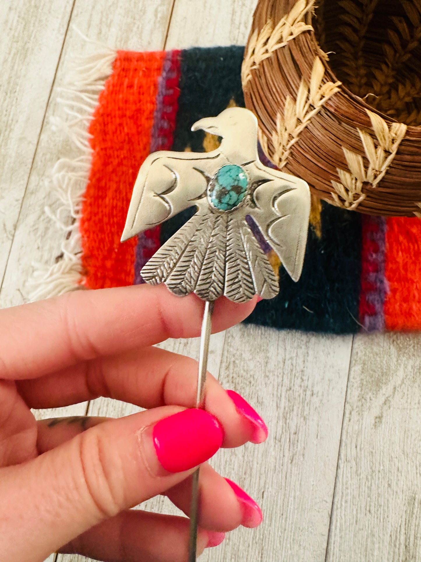 Handcrafted Turquoise & Sterling Silver Thunderbird Hair Pin