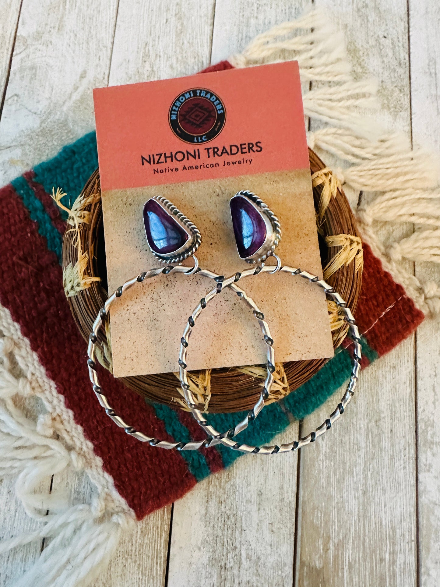 Handcrafted Purple Spiny and Sterling Silver Dangle Hoop Earrings