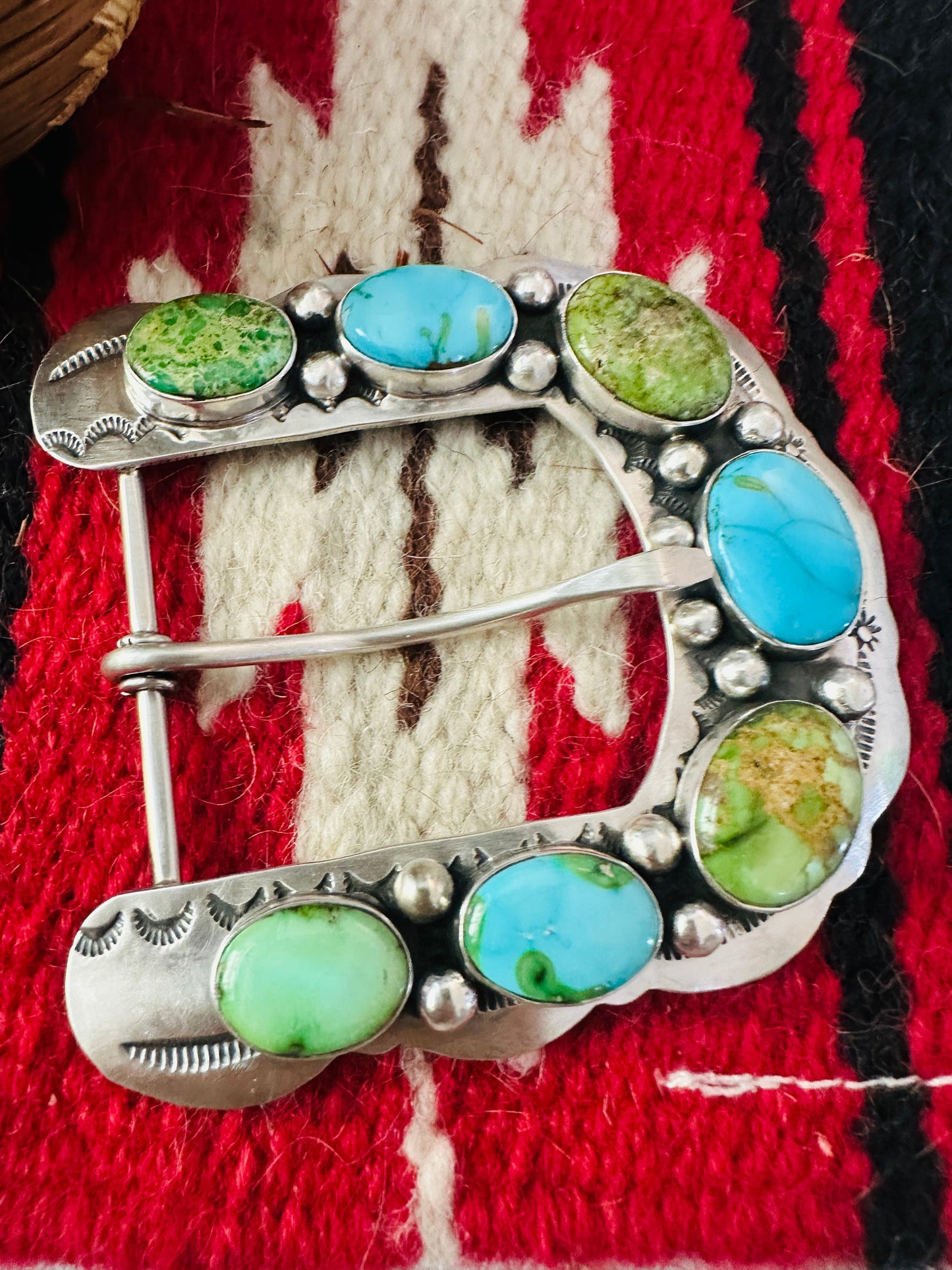 Handcrafted Turquoise & Sterling Silver Belt Buckle by Russell Sam