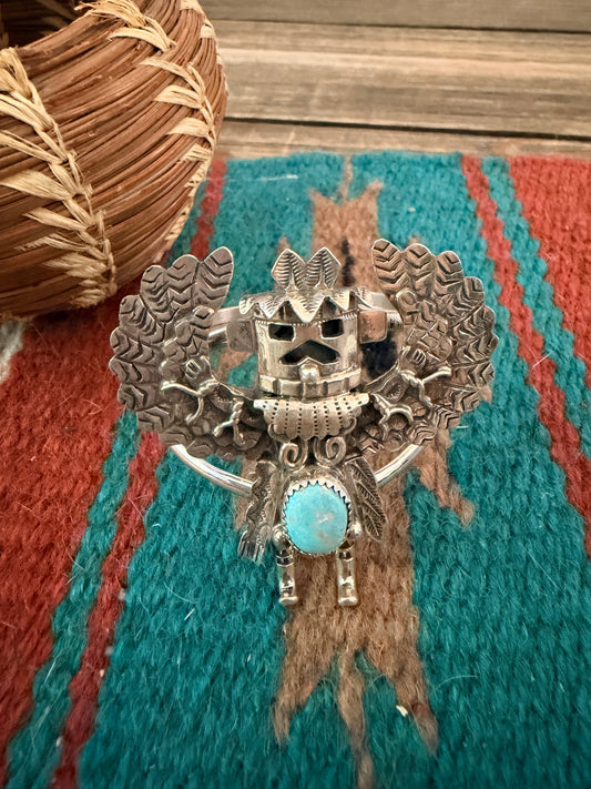 Handcrafted Old Pawn Sterling Silver & Turquoise Kachina Cuff Bracelet