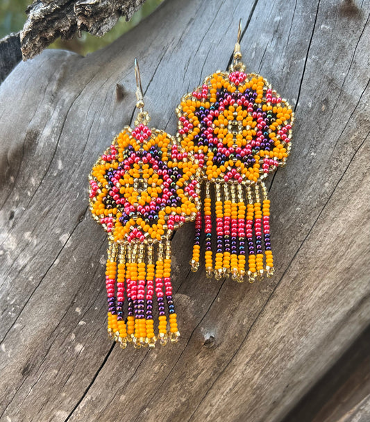 Handmade MultiColor Beaded Dangle Earrings (Gold, Yellow, & Pink